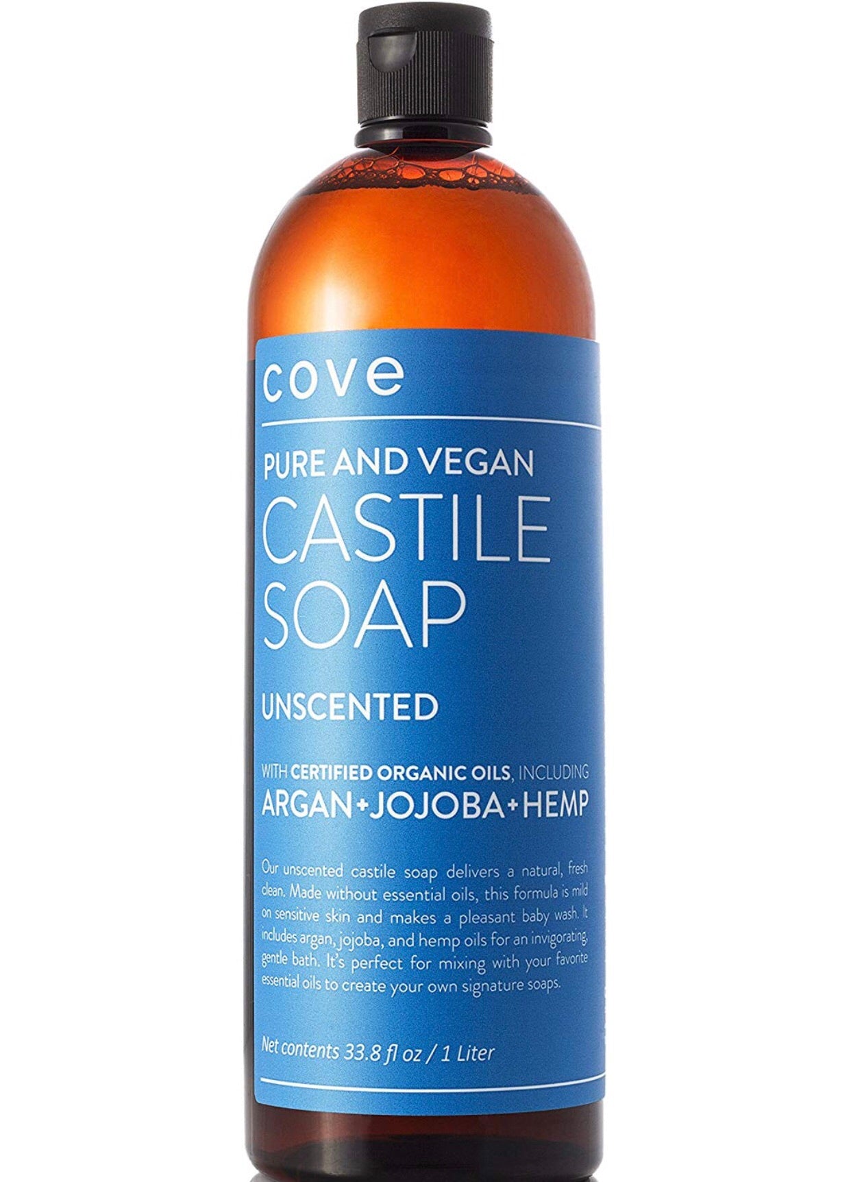 Cove Castile Soap - Unscented 1 Liter - Organic Argan, Hemp, Jojoba Oils